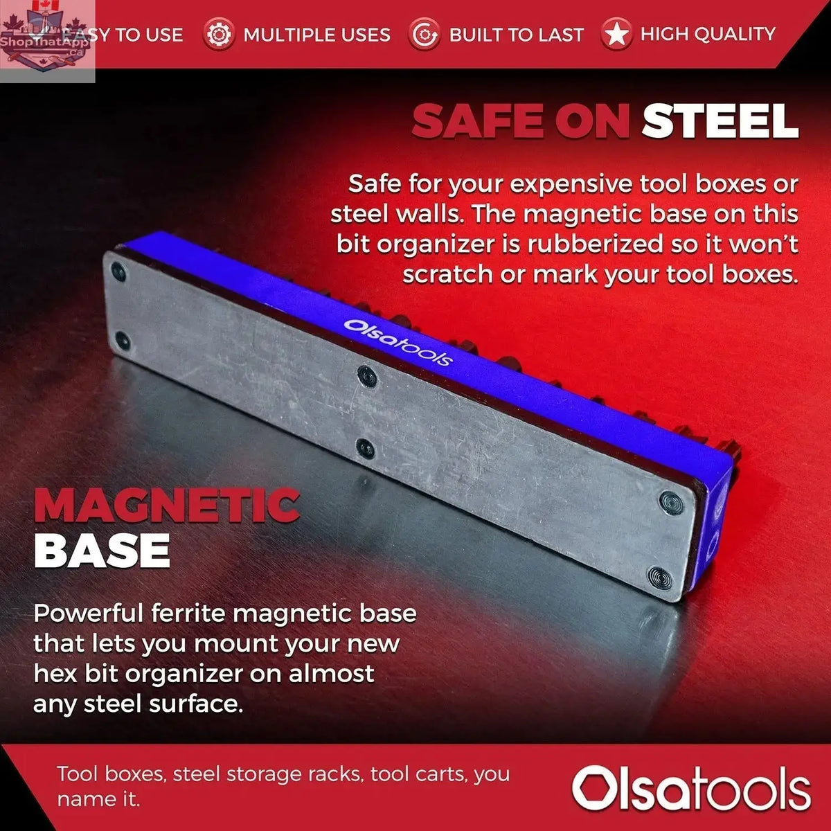 Olsa Tools Canada magnetic hex bit organizer holding various hex bits for easy access and efficient tool management.
