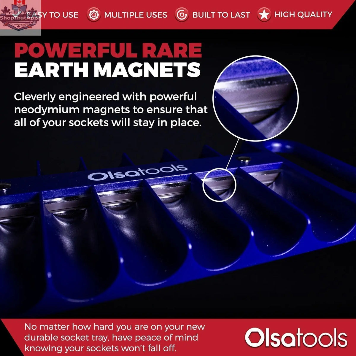 Olsa Tools Canada magnetic socket organizer tray displaying organized sockets with labeled slots for easy tool management.