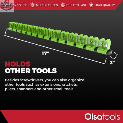 Olsa Tools Canada wall mount screwdriver storage holder for organized tool management, with slots for various screwdrivers.