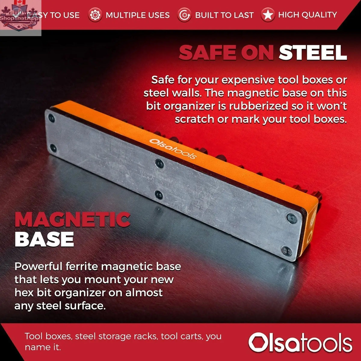Olsa Tools Canada magnetic hex bit organizer with labeled compartments for easy tool access and efficient storage.