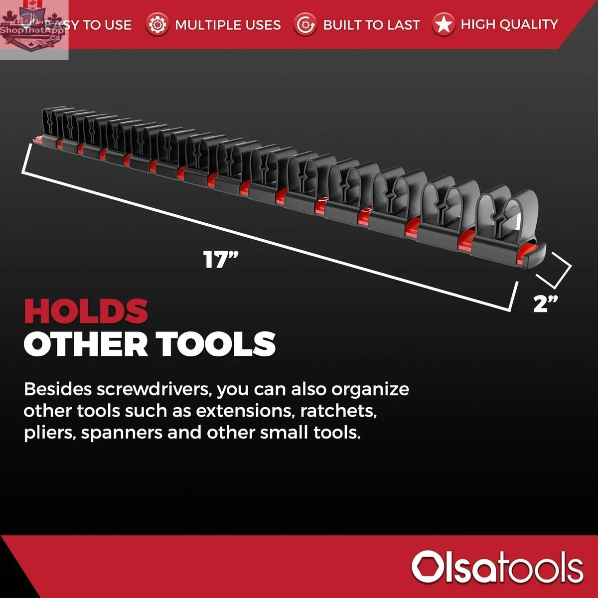 Olsa Tools Canada wall mount screwdriver storage holder with multiple slots for organized tool management and easy access.