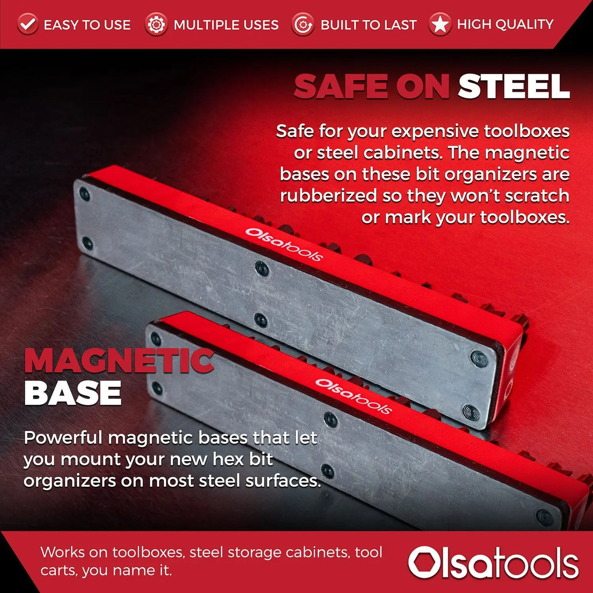 Olsa Tools Canada magnetic hex bit organizer holding various hex bits for easy access and efficient tool management.