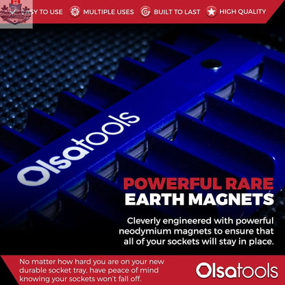 Olsa Tools Canada magnetic socket organizer tray with labeled slots for easy tool management and secure storage.