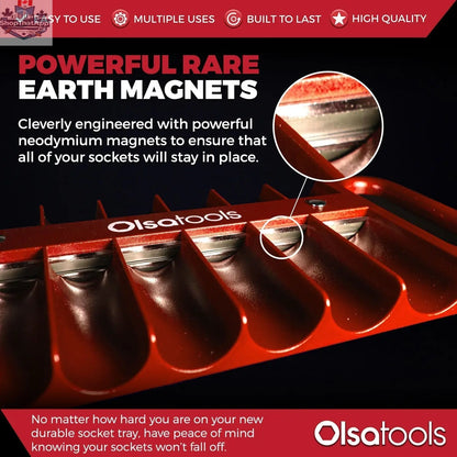 Olsa Tools Canada magnetic socket organizer tray holding various socket sizes, designed for easy tool management.