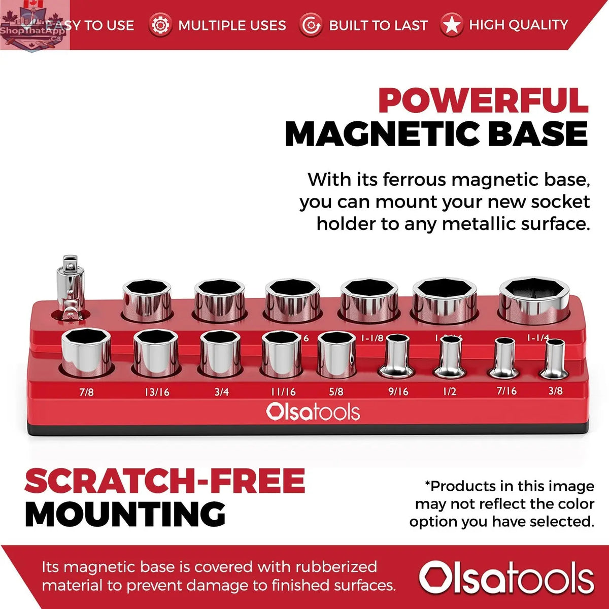 Olsa Tools Canada 2-Row Magnetic Socket Holders for 1/2 Drive Click Torque Wrench, organized with sockets on a durable black rack.