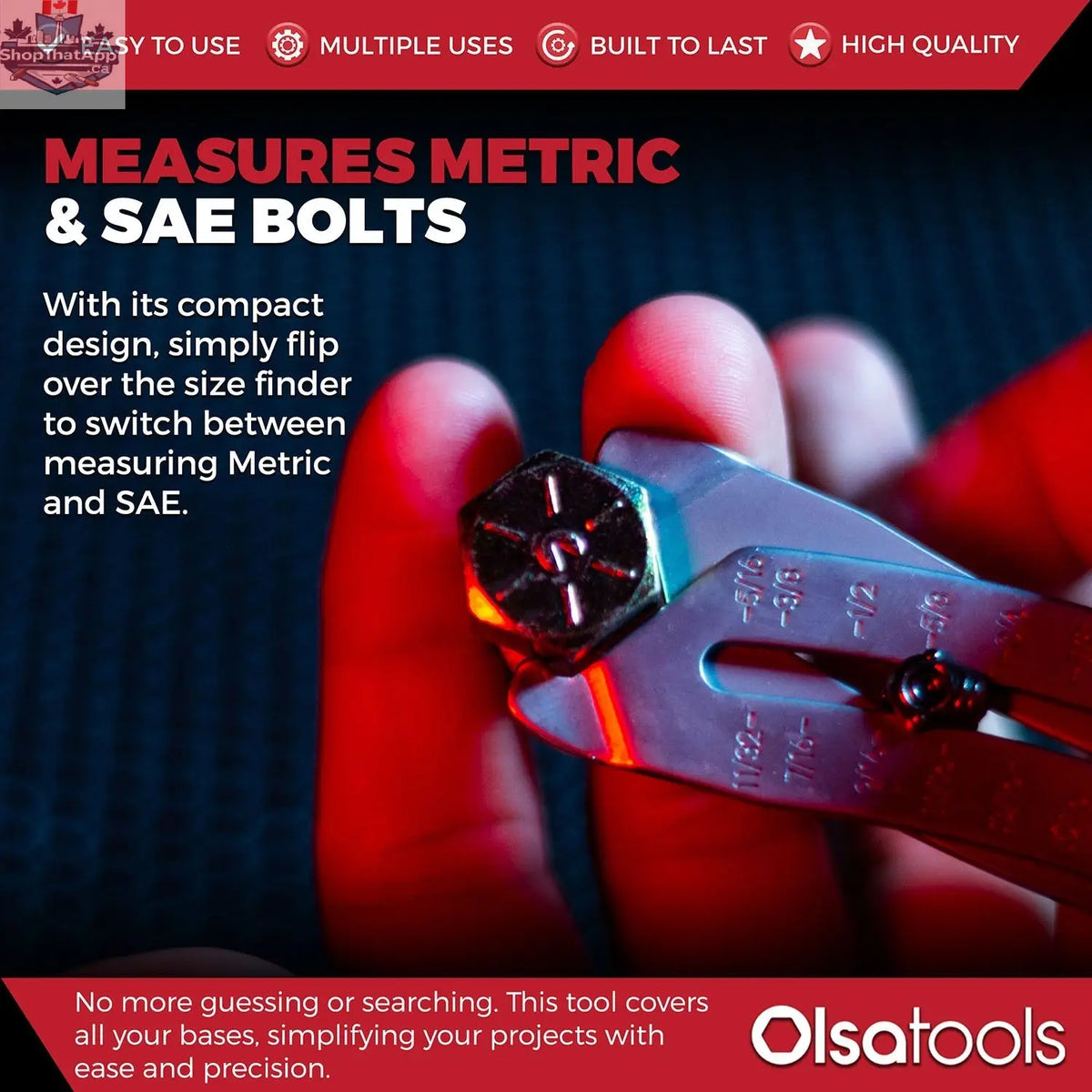 Olsa Tools Canada bolt size finder keychain with infographic displaying different bolt sizes and measurement instructions.