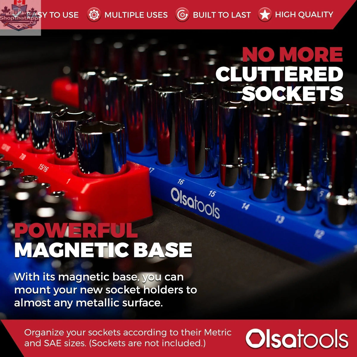 Infographic showing Olsa Tools Canada 2-Row Magnetic Socket Holders for 1/2 Drive Click Torque Wrench, organized socket storage system.