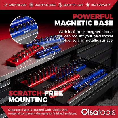 Infographic of Olsa Tools Canada 2-Row Magnetic Socket Holders for 1/2 drive click torque wrench, showing organized socket storage.
