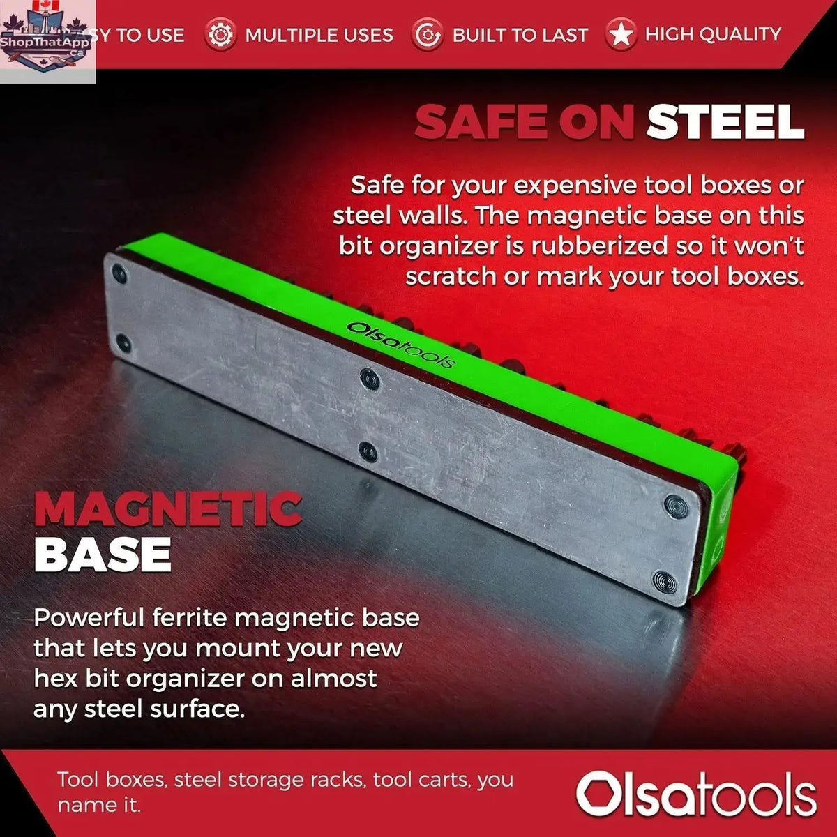 Olsa Tools Canada magnetic hex bit organizer with labeled slots for easy tool access and efficient storage.