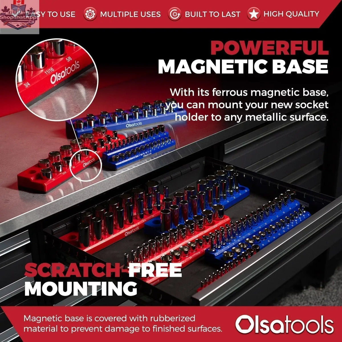 Infographic showing Olsa Tools Canada 2-row magnetic socket holders for 1/2 drive click torque wrenches, organized for easy access.