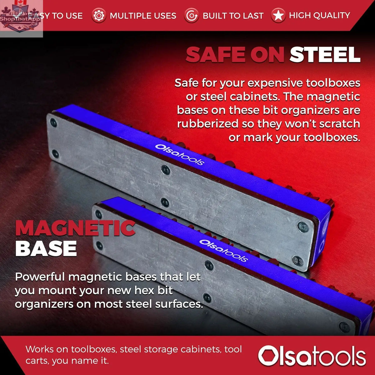 Olsa Tools Canada magnetic hex bit organizer with labeled slots for easy tool management and quick access.