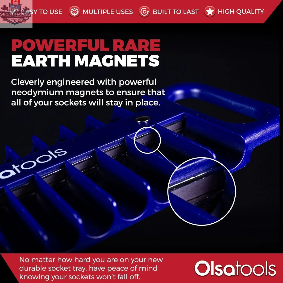 Olsa Tools Canada magnetic socket organizer tray holding various socket sizes for easy tool management and organization.