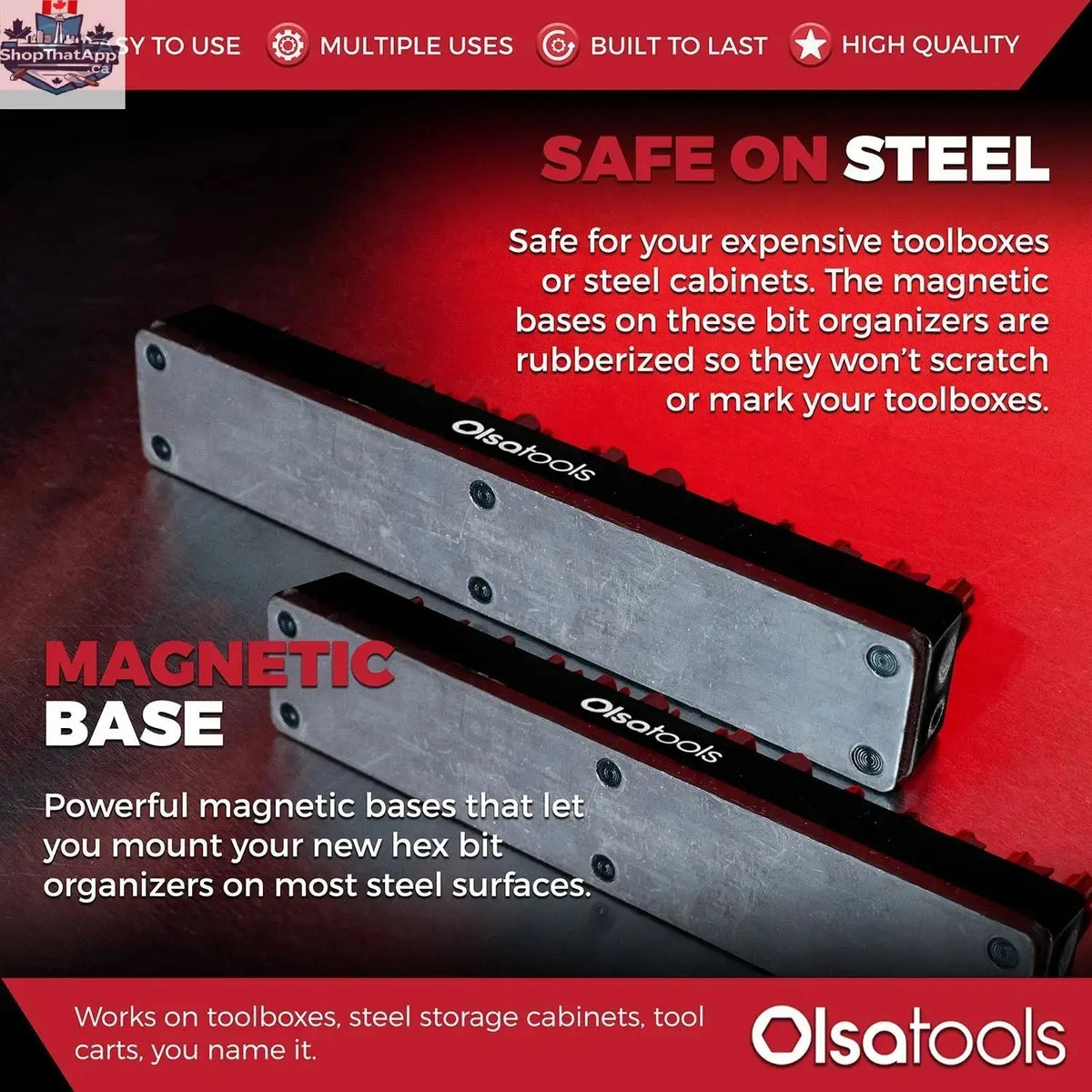 Olsa Tools Canada magnetic hex bit organizer holding various hex bits for easy access and efficient tool management.