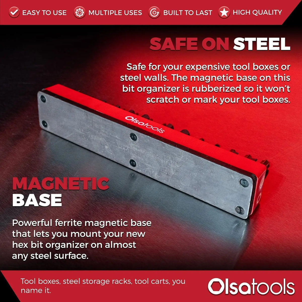 Olsa Tools Canada magnetic hex bit organizer with labeled slots and magnetic grip for easy tool access and management.