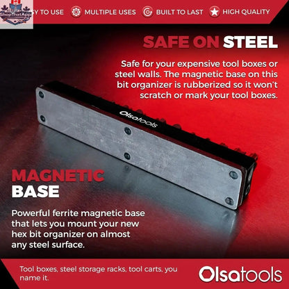 Olsa Tools Canada magnetic hex bit organizer with labeled slots showing easy access and efficient tool management.