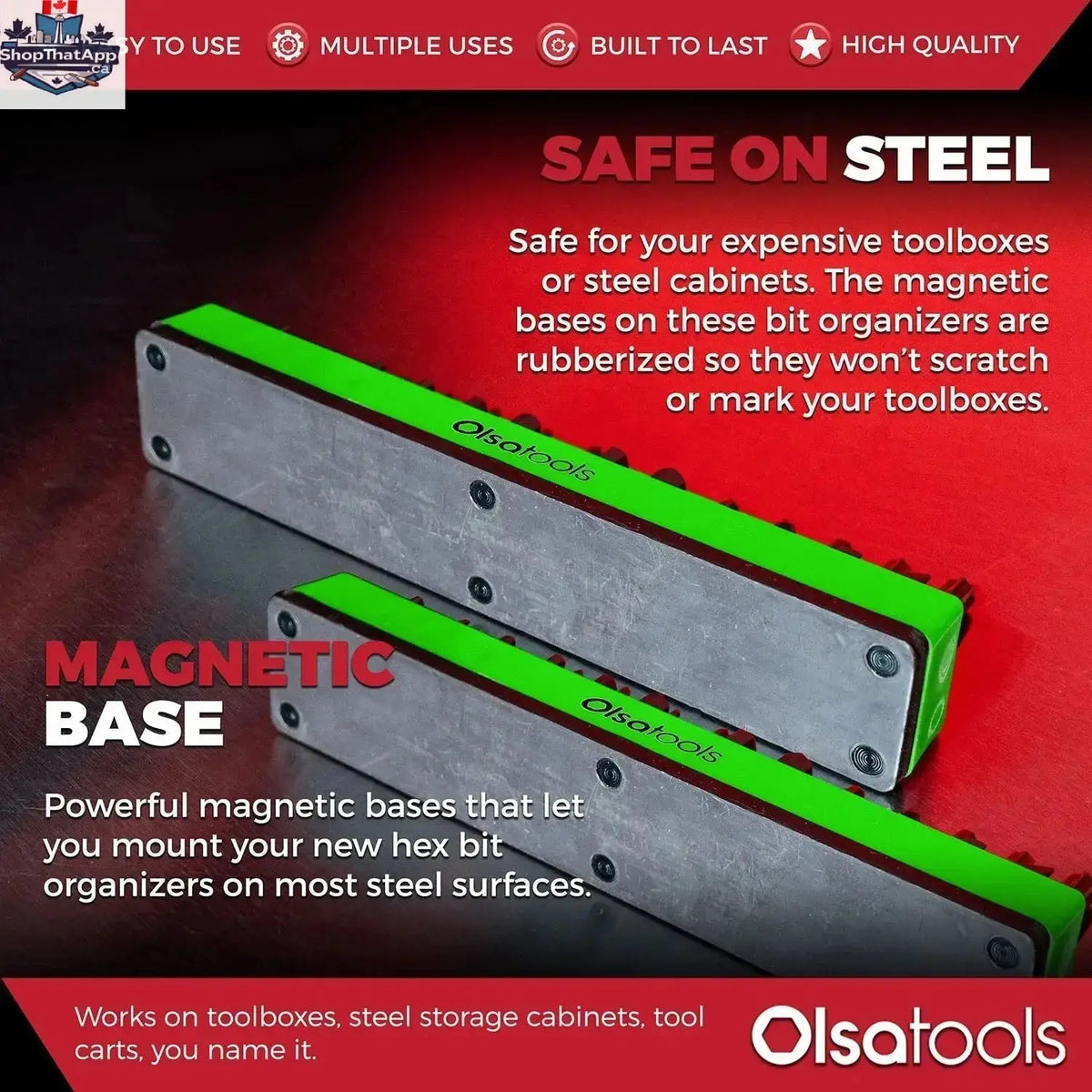 Olsa Tools Canada magnetic hex bit organizer holding multiple hex bits for easy access and efficient tool management.