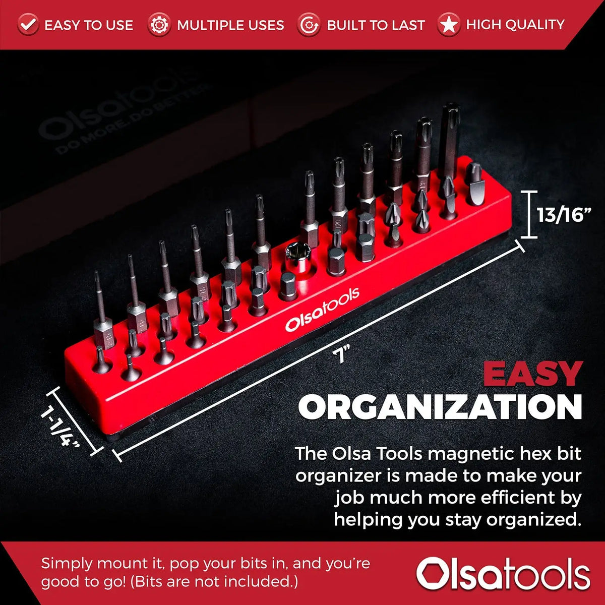 Olsa Tools Canada magnetic hex bit organizer holding multiple hex bits for easy access and efficient tool management.