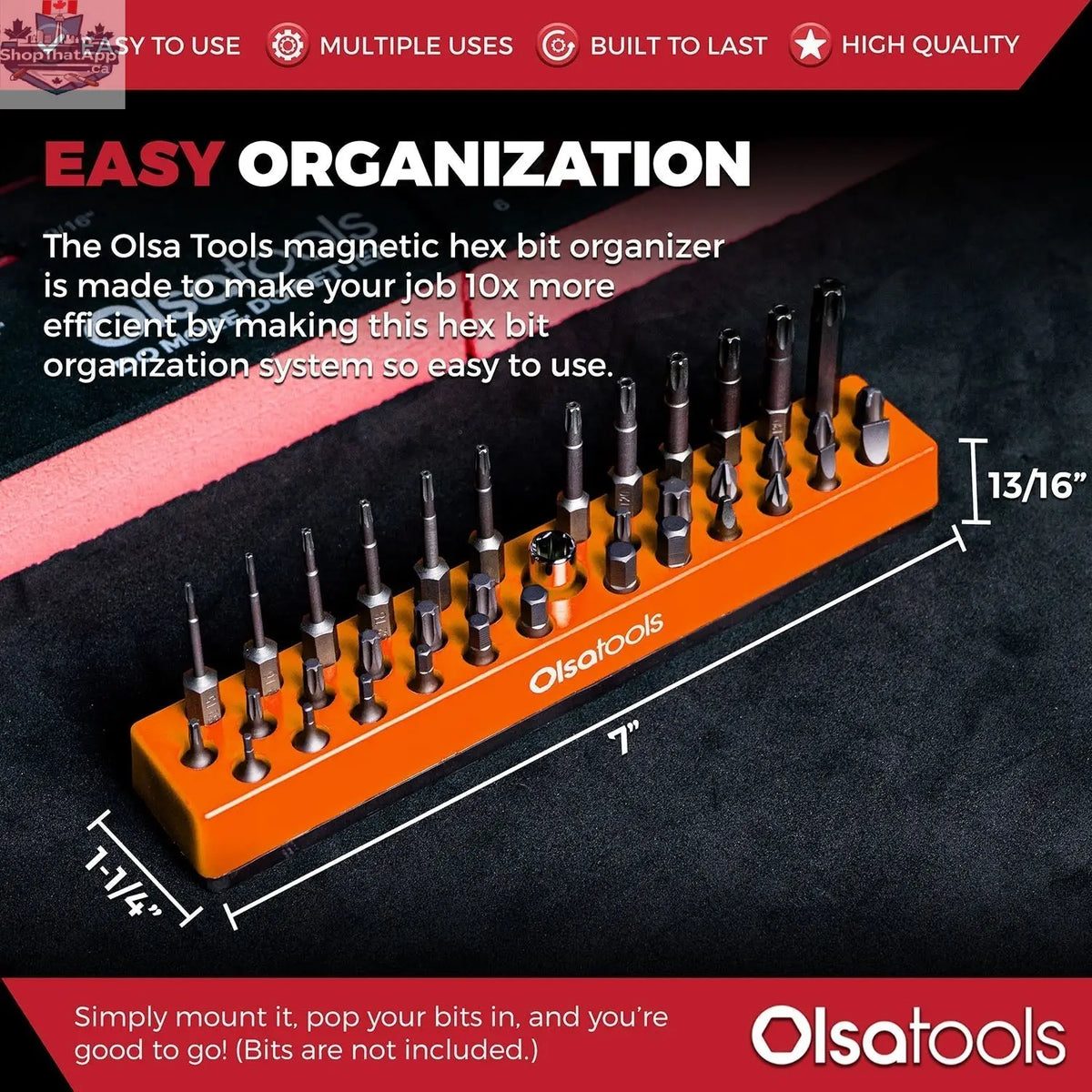 Olsa Tools Canada magnetic hex bit organizer with magnetic slots for easy tool management and quick access to hex bits.