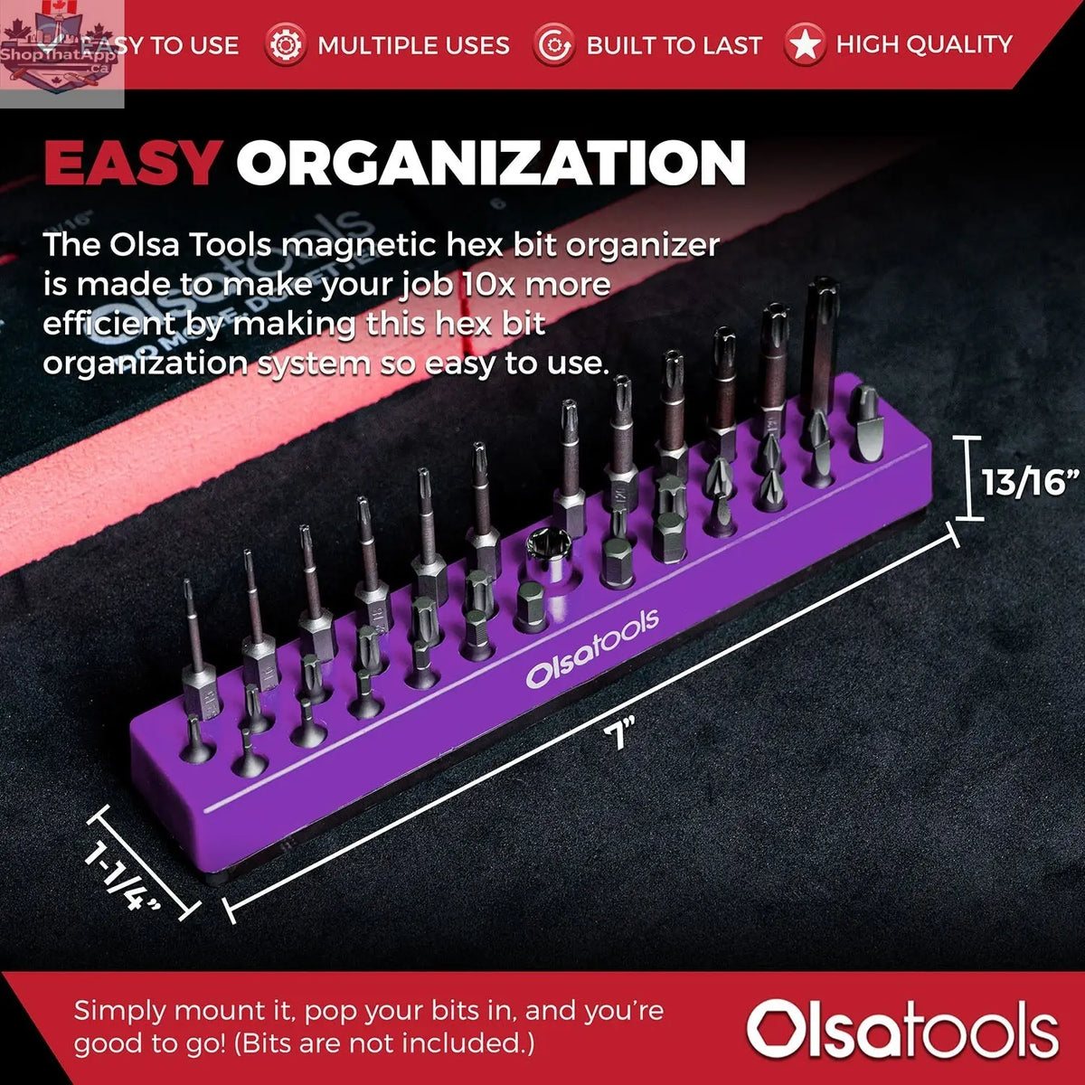 Olsa Tools Canada magnetic hex bit organizer with labeled slots for easy tool access and secure storage.