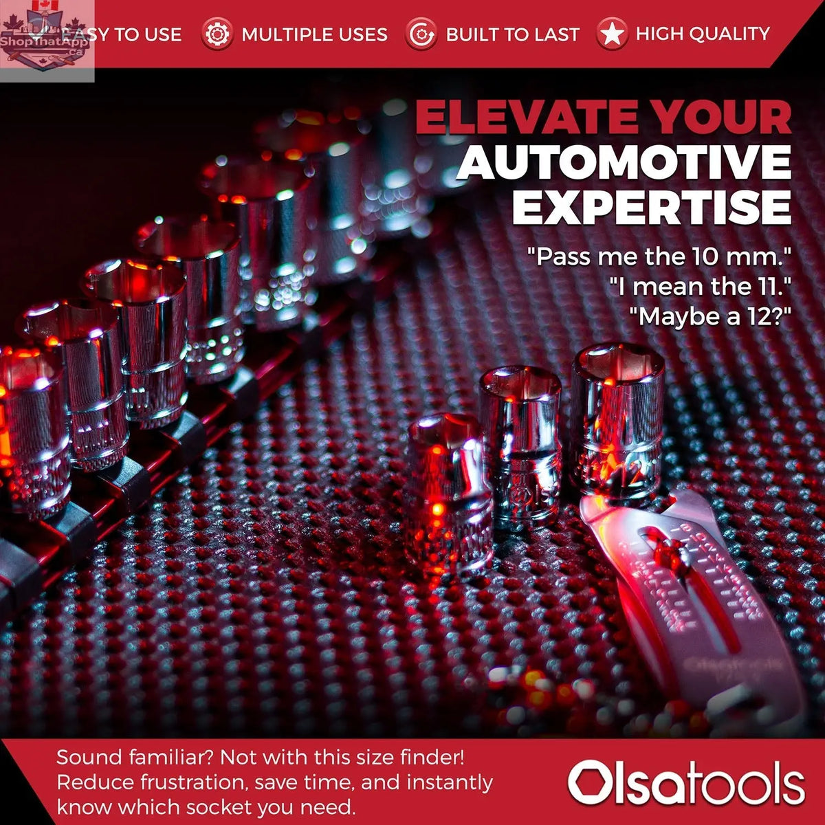 Olsa Tools Canada bolt size finder keychain with infographic, compact tool accessory for measuring bolt sizes easily.
