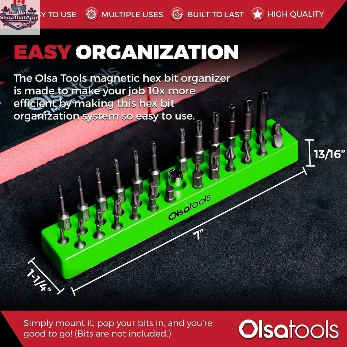 Olsa Tools Canada magnetic hex bit organizer with easy-access slots for efficient tool management and storage.
