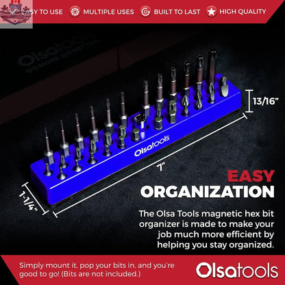 Olsa Tools Canada magnetic hex bit organizer with multiple slots for easy tool management and quick access.