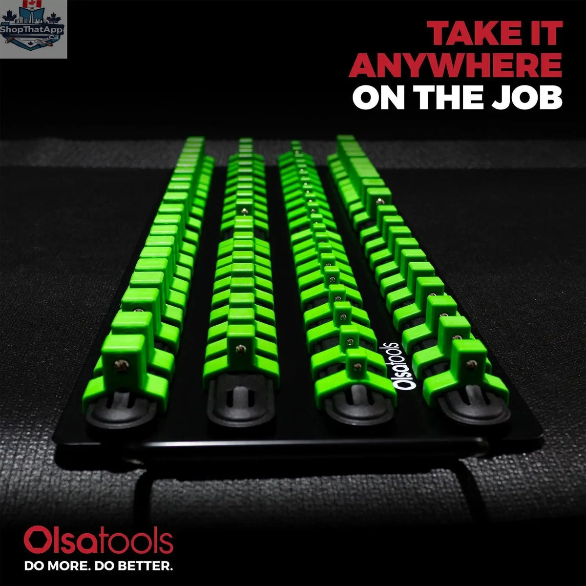 Olsa Tools Canada socket organizer tray with handle, featuring multiple compartments for storing various socket sizes.
