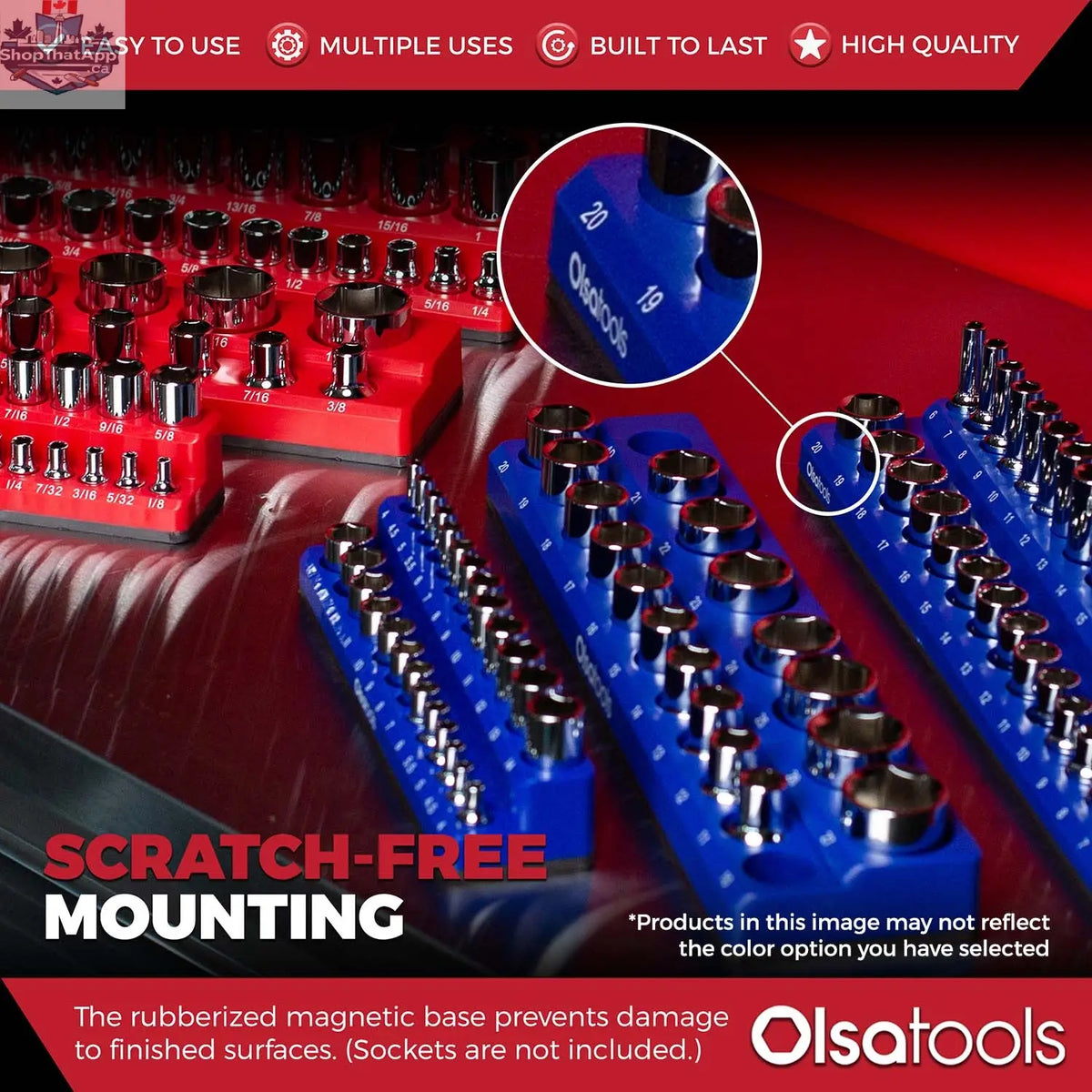 Olsa Tools Canada 2-Row Magnetic Socket Holders for 1/2 Drive Click Torque Wrench, organized socket storage and organization.