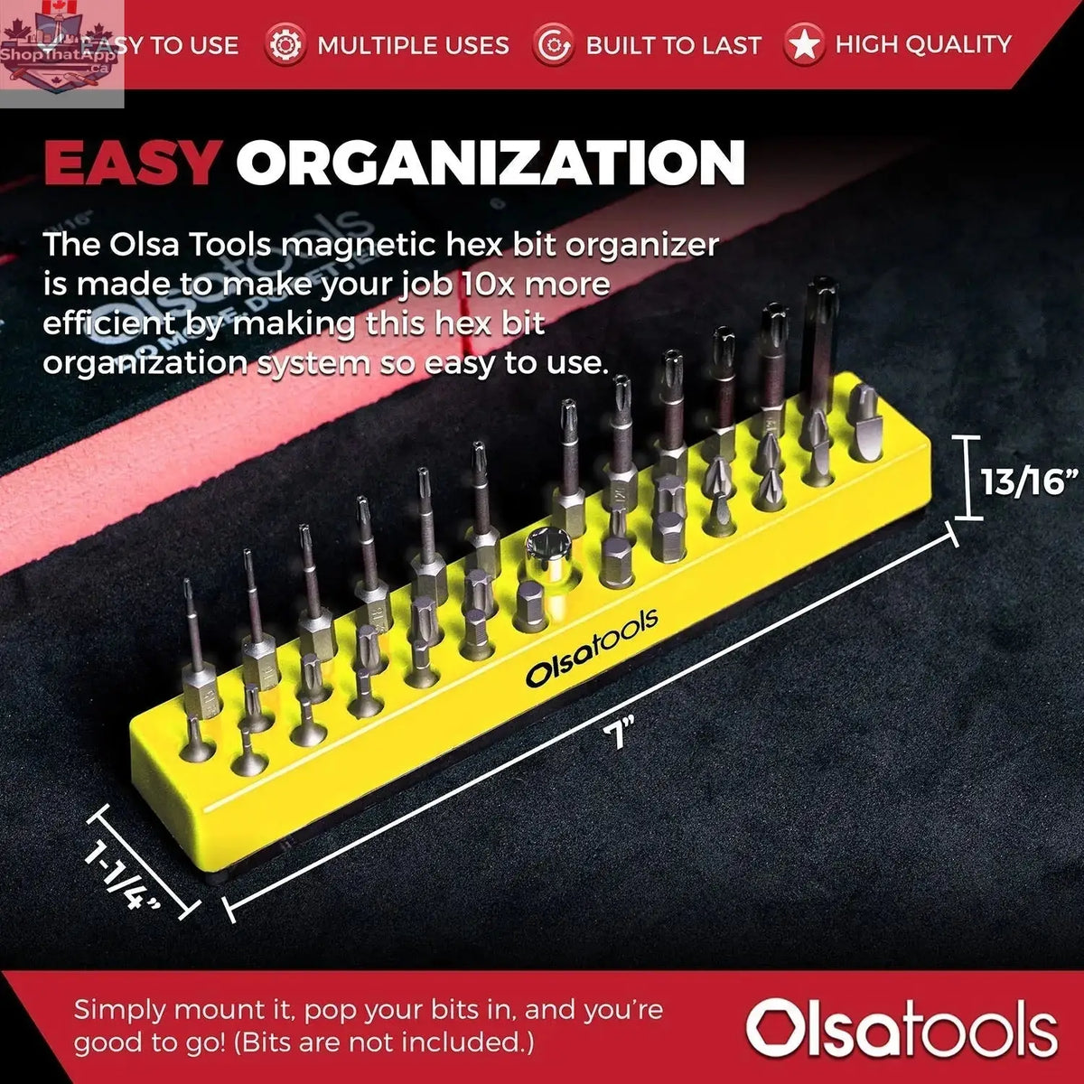 Olsa Tools Canada magnetic hex bit organizer with labeled slots for easy tool management and quick access.