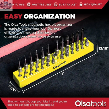 Olsa Tools Canada magnetic hex bit organizer with labeled slots for easy tool management and quick access.