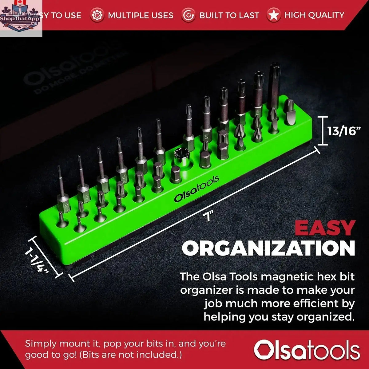 Olsa Tools Canada magnetic hex bit organizer with labeled slots for easy tool management and quick access.