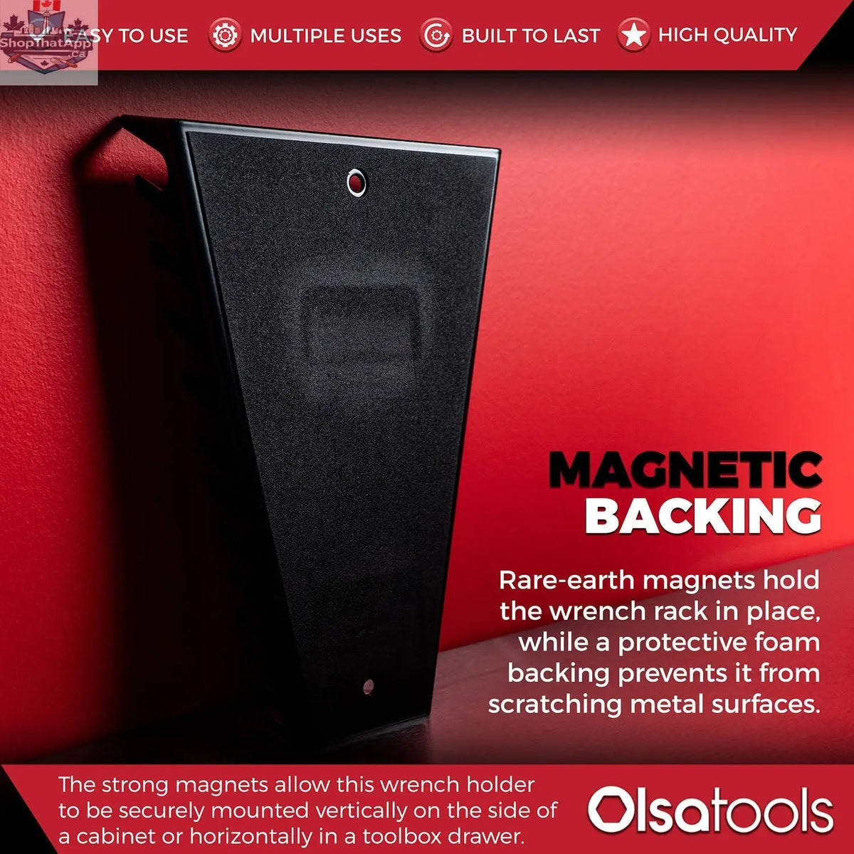 Olsa Tools Canada magnetic wrench organizer holding various wrenches for efficient tool storage and easy access.