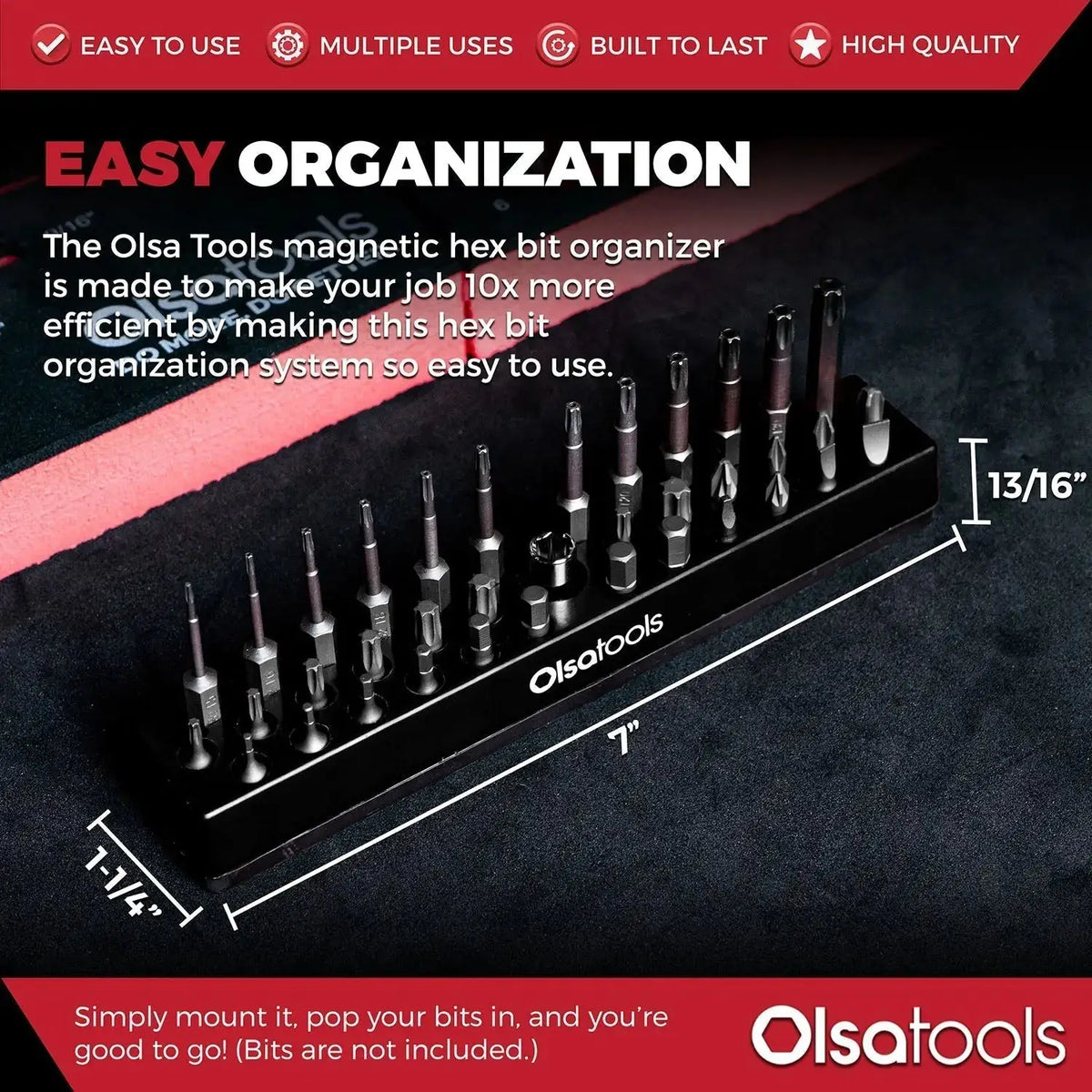 Olsa Tools Canada magnetic hex bit organizer with labeled slots for easy storage and quick access to hex bits.