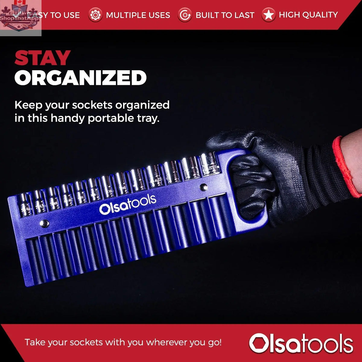 Olsa Tools Canada magnetic socket organizer tray with labeled compartments for easy tool management and secure socket storage.
