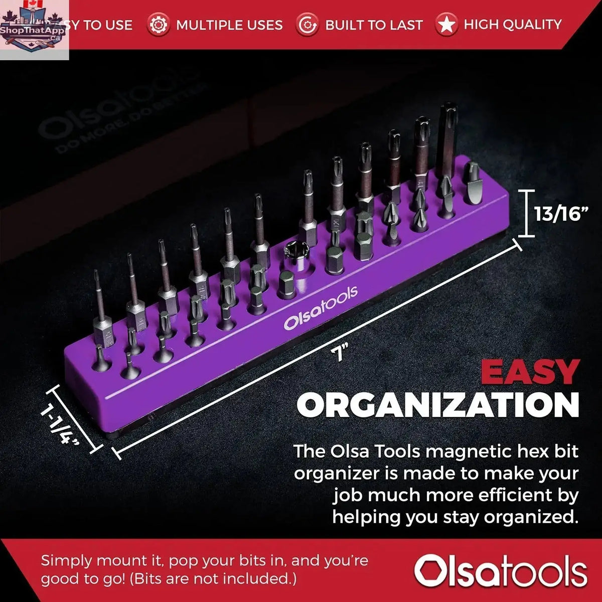 Magnetic hex bit organizer by Olsa Tools Canada displaying organized hex bits on a magnetic strip for easy access and storage.