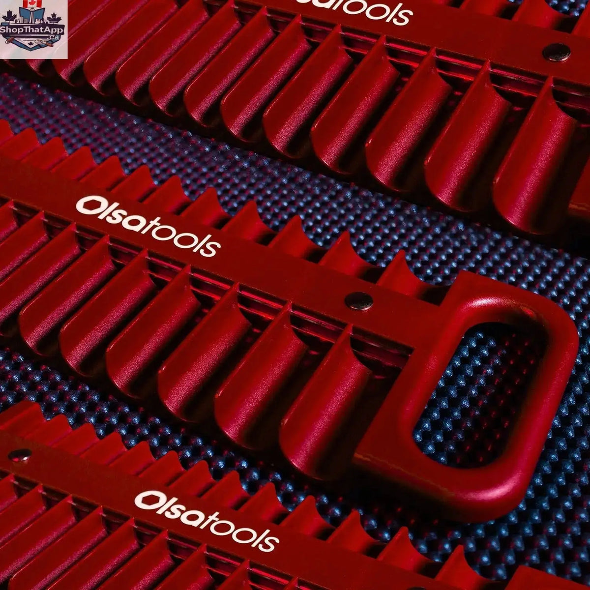 Olsa Tools Canada magnetic socket organizer tray holding various socket sizes for organized tool management.