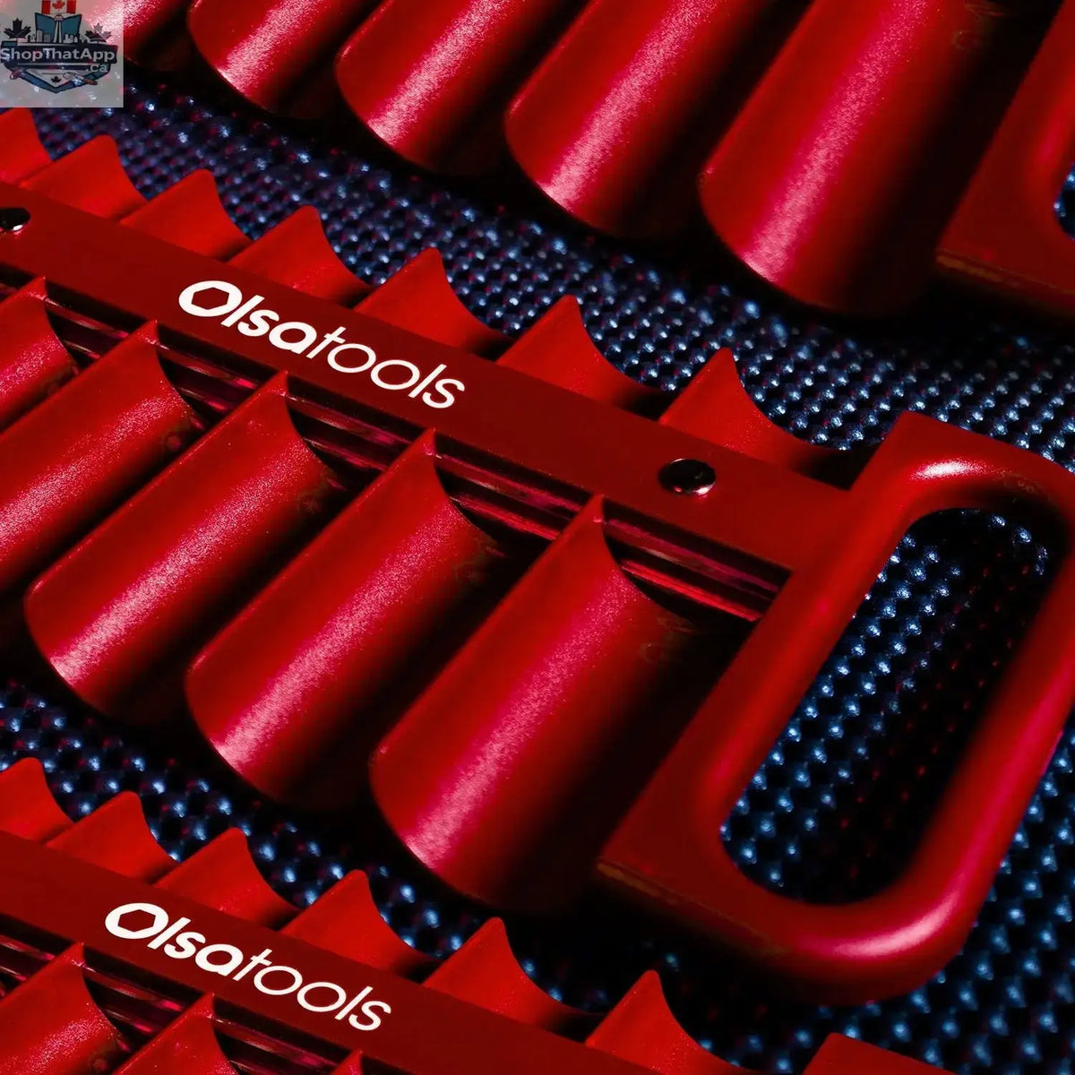 Olsa Tools Canada magnetic socket organizer tray with organized sockets on a workbench for easy tool management