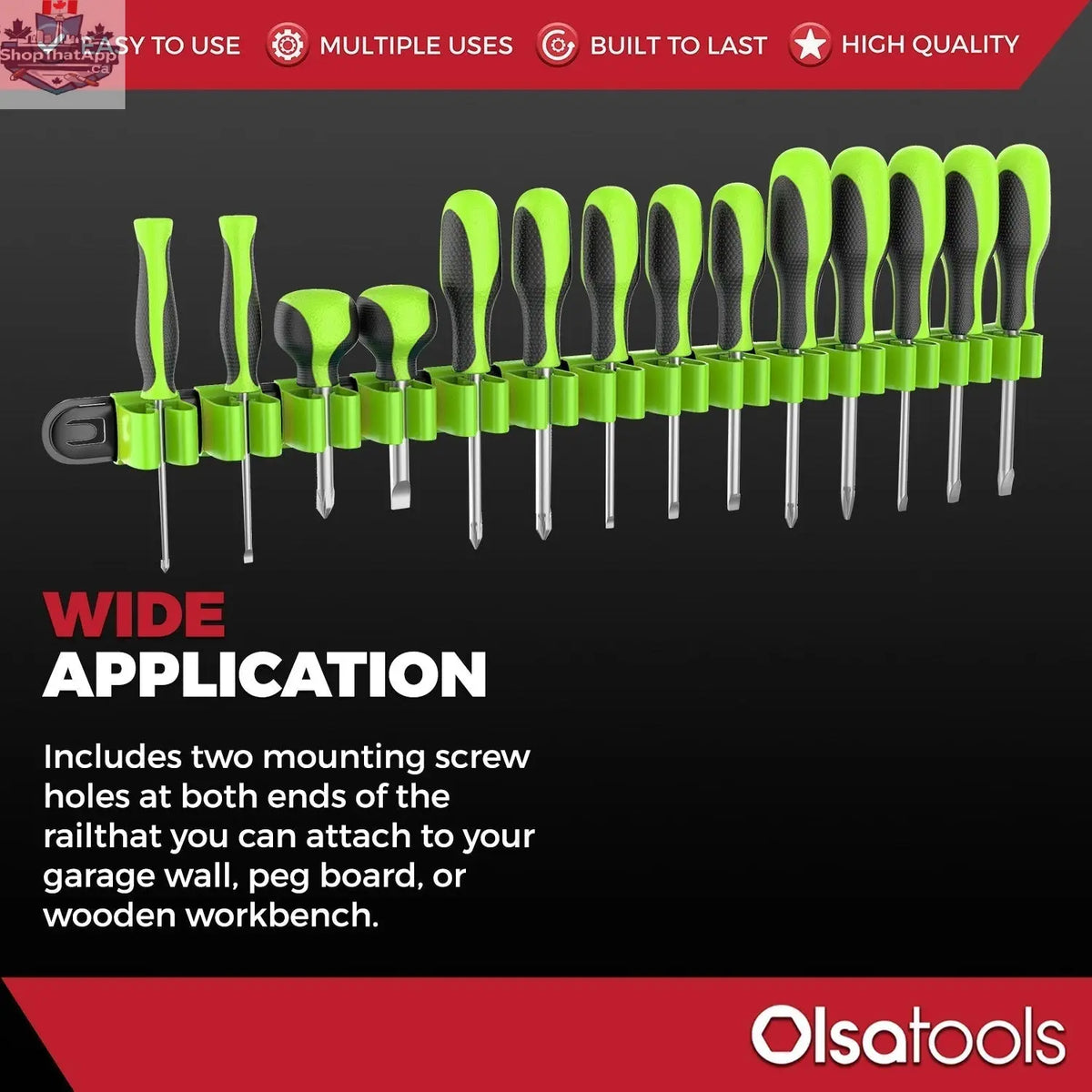 Olsa Tools Canada wall mount screwdriver organizer holding multiple screwdrivers for organized tool storage and easy access.