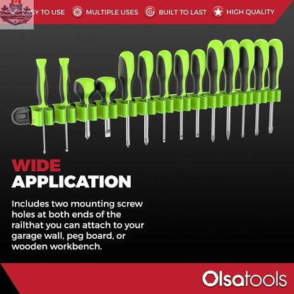 Olsa Tools Canada wall mount screwdriver organizer holding multiple screwdrivers for organized tool storage and easy access.