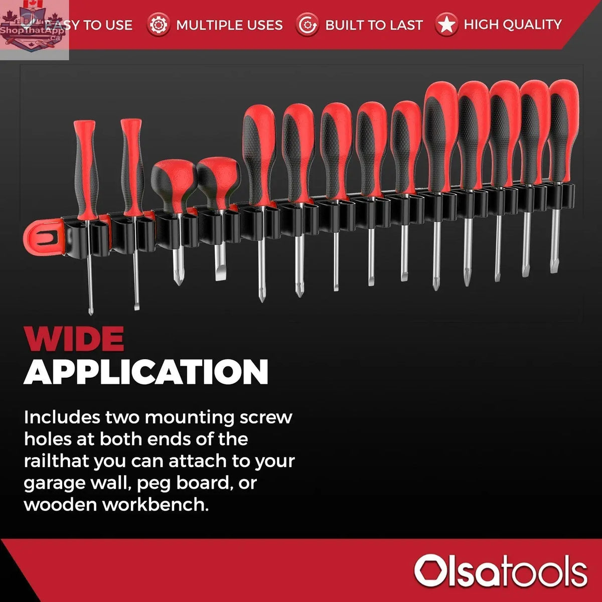Olsa Tools Canada screwdriver organizer wall mount with multiple slots for organized tool storage and easy access