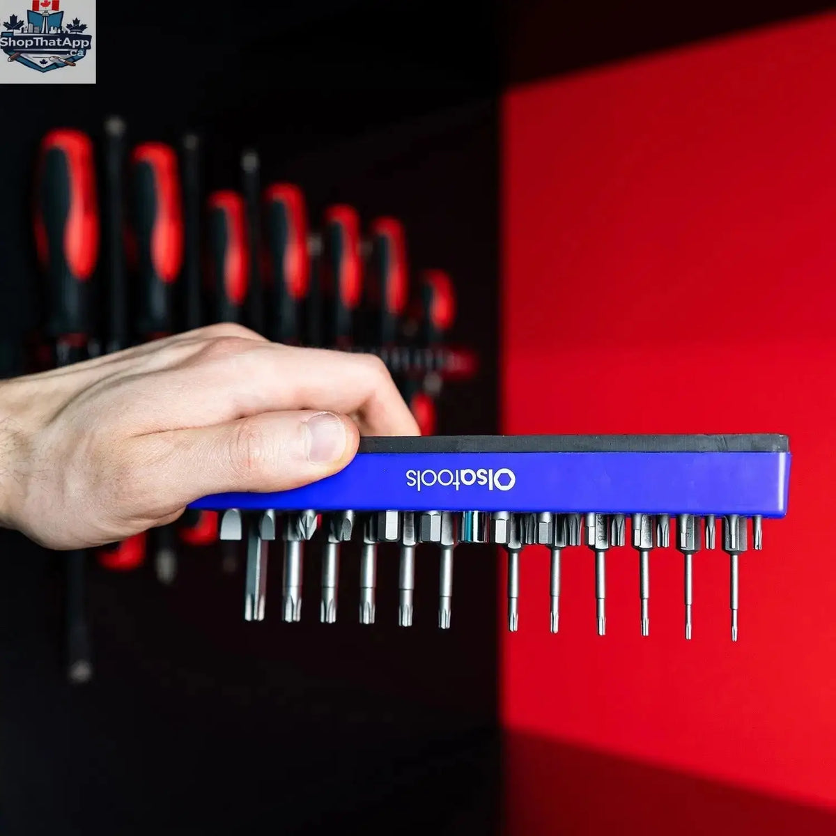 Olsa Tools Canada magnetic hex bit organizer holding various hex bits on a workbench for easy access and tool management.