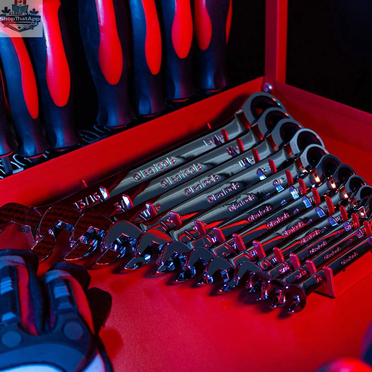 Olsa Tools Canada magnetic wrench organizer holding various wrenches for efficient tool storage in a garage setting.