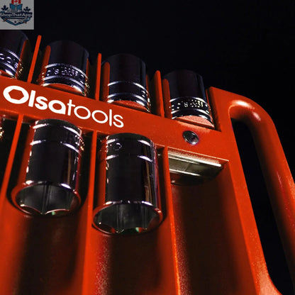 Olsa Tools Canada magnetic socket organizer tray holding various metal sockets for easy tool management and organization.