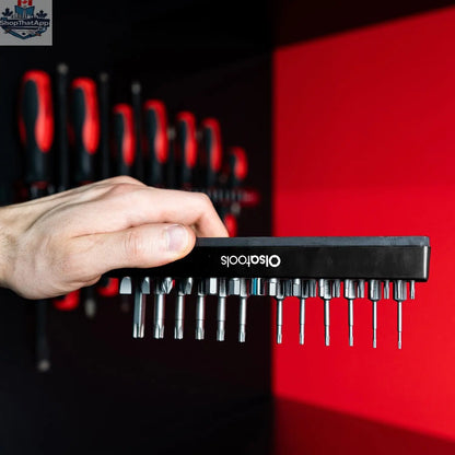 Olsa Tools Canada magnetic hex bit organizer holding various hex bits for easy access and efficient tool management.