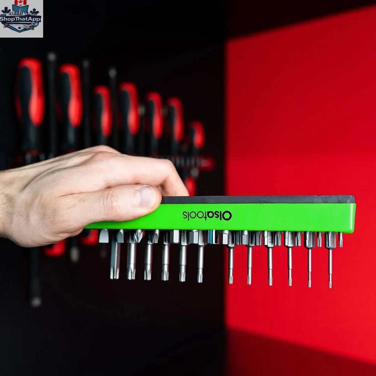 Olsa Tools Canada magnetic hex bit organizer holding various hex bits, designed for easy tool management and quick access.