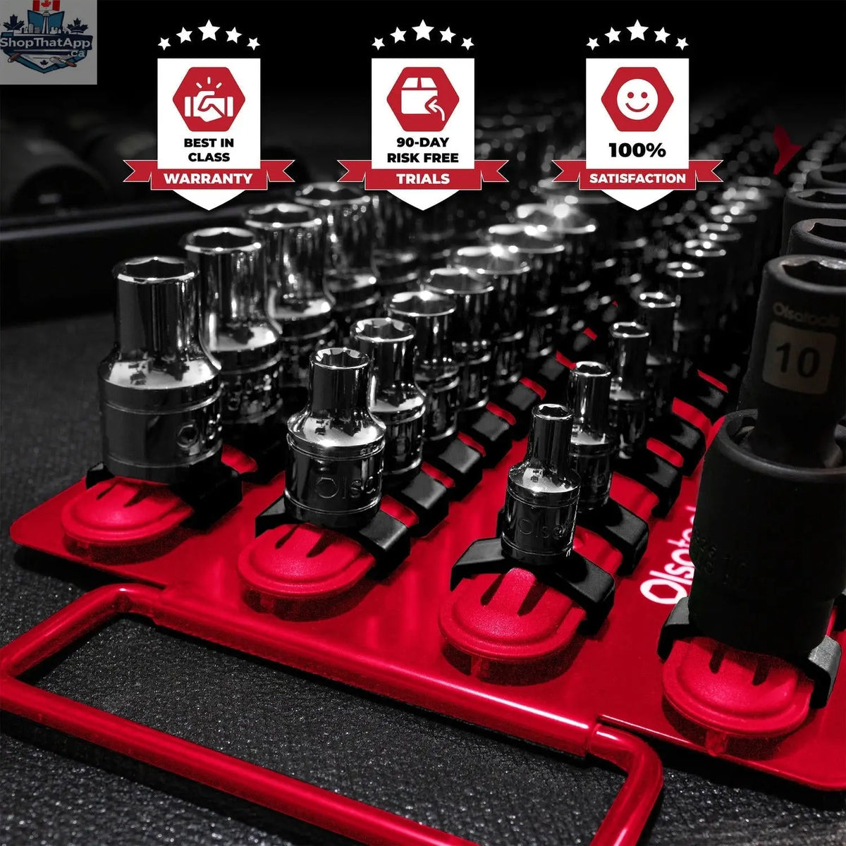 Olsa Tools Canada socket organizer tray with handle, designed for organizing and storing socket sets efficiently.