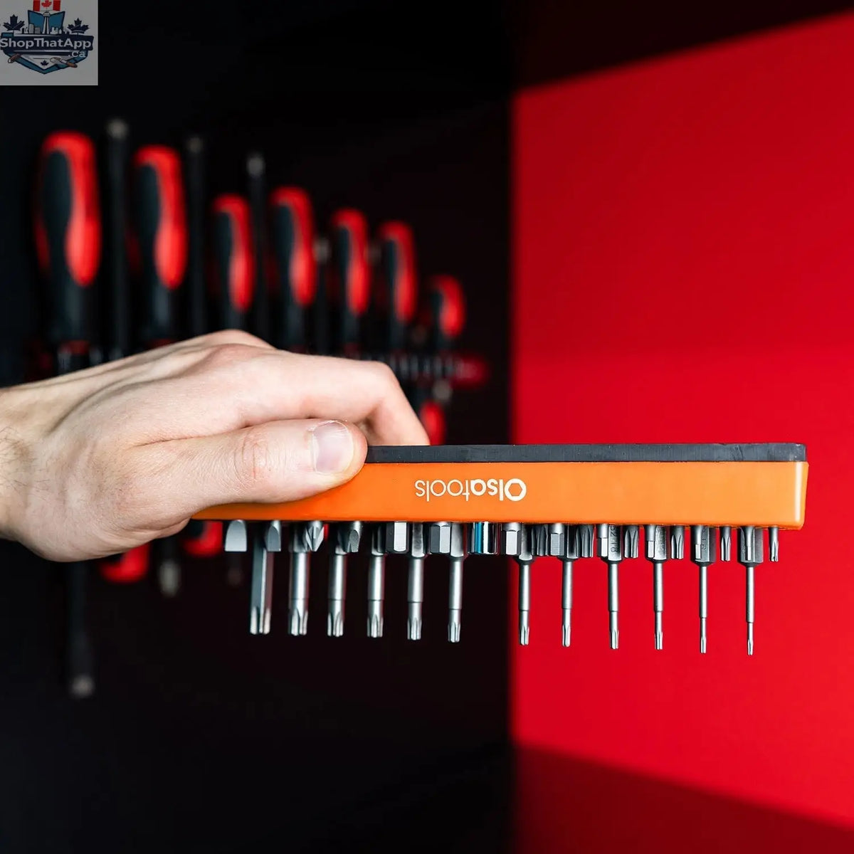Olsa Tools Canada magnetic hex bit organizer holding various hex bits on a workbench for easy tool management.