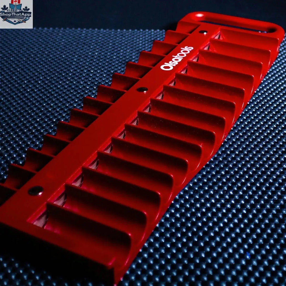Olsa Tools Canada magnetic socket organizer tray with organized sockets on a workbench for easy tool management
