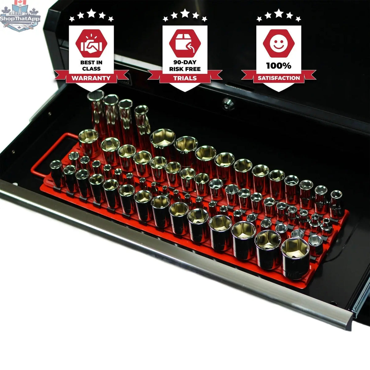 Olsa Tools Canada socket organizer tray with handle, featuring multiple compartments for organizing sockets efficiently.