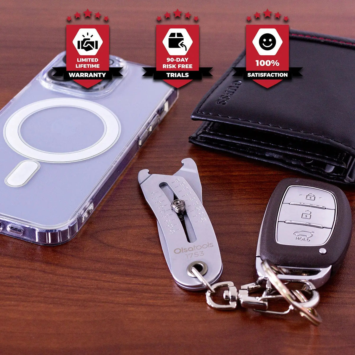 Olsa Tools Canada bolt size finder keychain, compact tool accessory with measurement markings for quick bolt sizing.